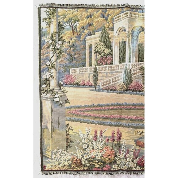 Italian Woven Tapestry Wall Hanging With Floral Garden Lake Como Scene 19" x 19" - Picture 2 of 7